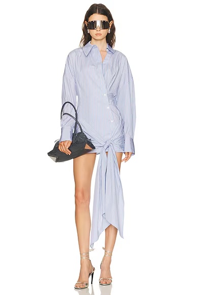Tie Shirt Mini Dress Light Blue & White