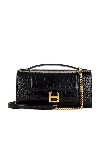 Hourglass Embossed Croc Pochette Bag Black