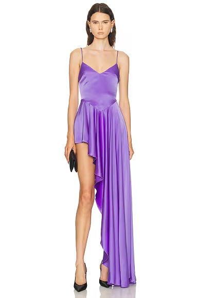 Open Leg Asymmetric Satin Gown Purple