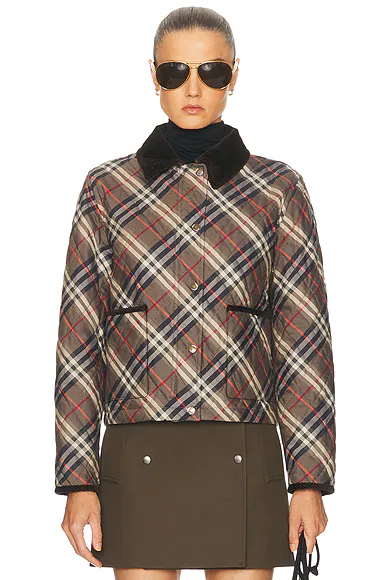 Cropped Quilted Jacket Moss Brown & Ink Grey