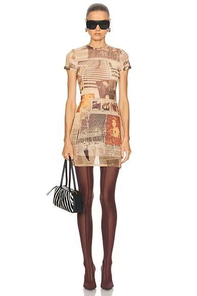 Mesh Printed Journal Short Dress Ecru, Light Grey, & Red