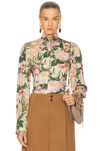 Printed Wool Jersey Top Macadamia Brown