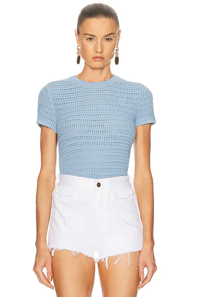 Crochet Knit Short Sleeve Top Softy Blue