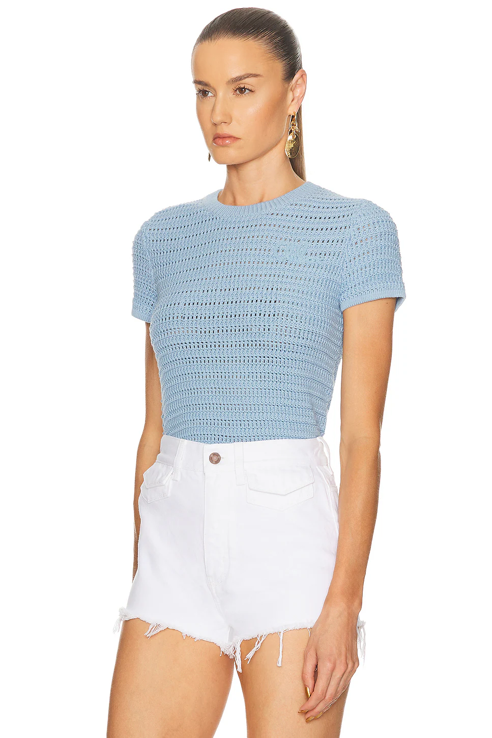 Crochet Knit Short Sleeve Top Softy Blue