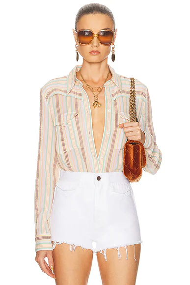 Button Down Long Sleeve Top Multicolor White