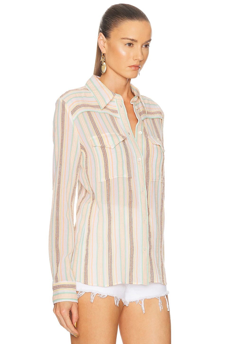 Button Down Long Sleeve Top Multicolor White