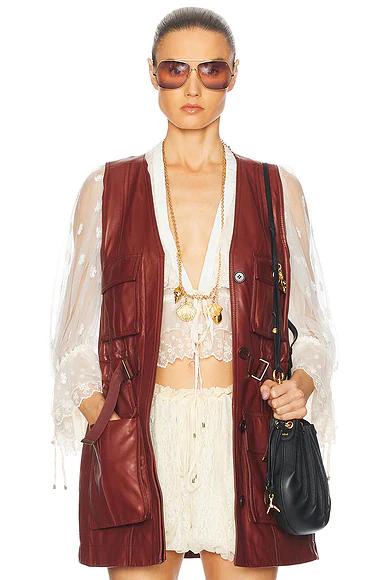 Long Belted Utilitarian Waistcoat Faded Mahogany