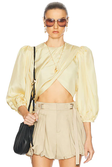 Cropped Puff Sleeves Draped Top Powder Yellow