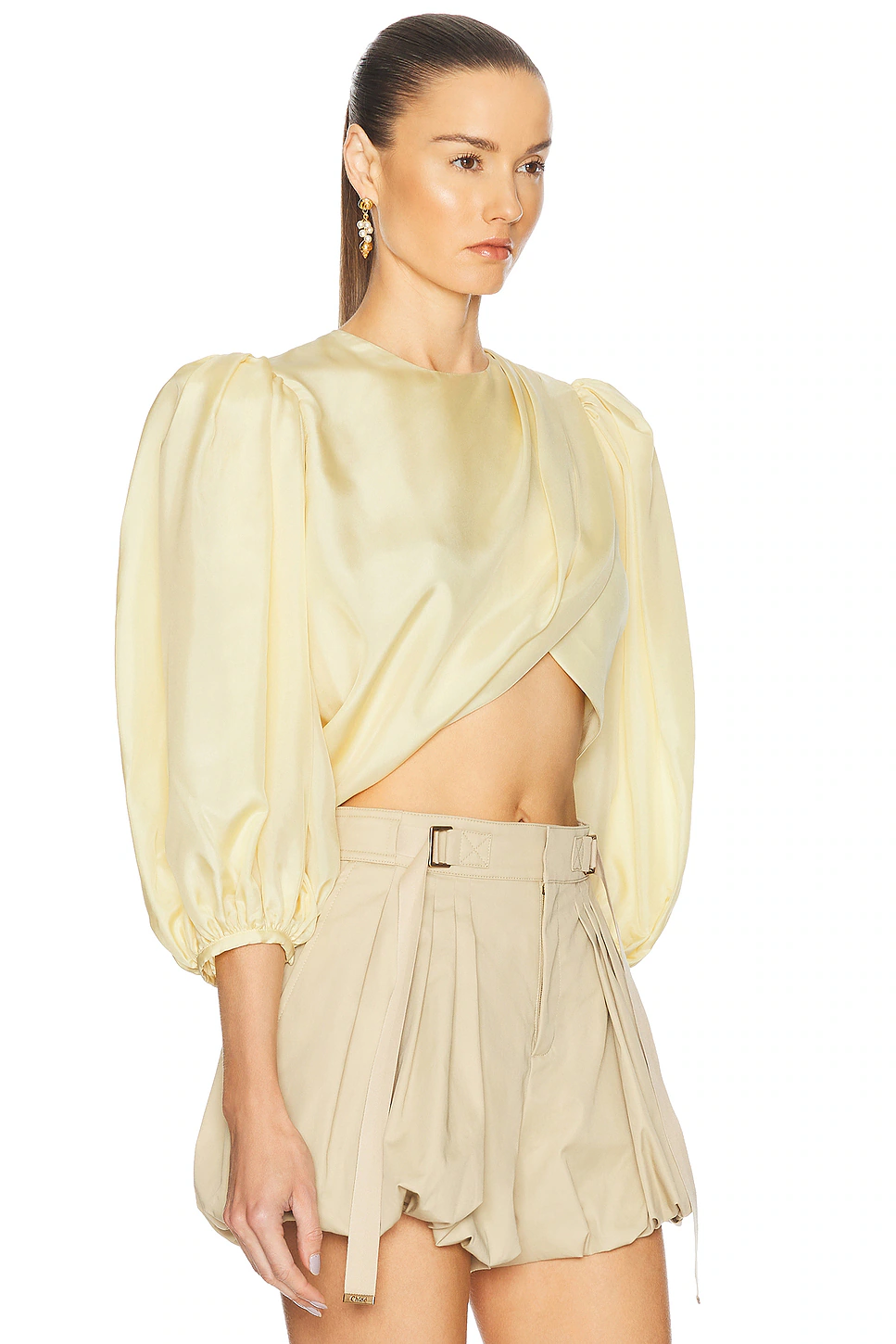 Cropped Puff Sleeves Draped Top Powder Yellow