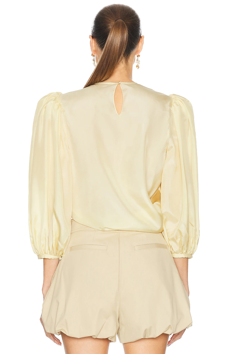 Cropped Puff Sleeves Draped Top Powder Yellow