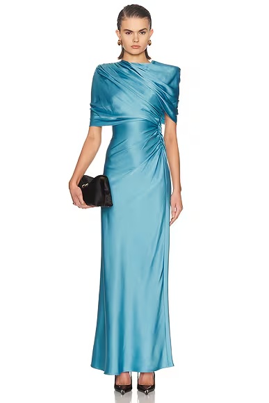 Draped Cape Gown Steel Blue