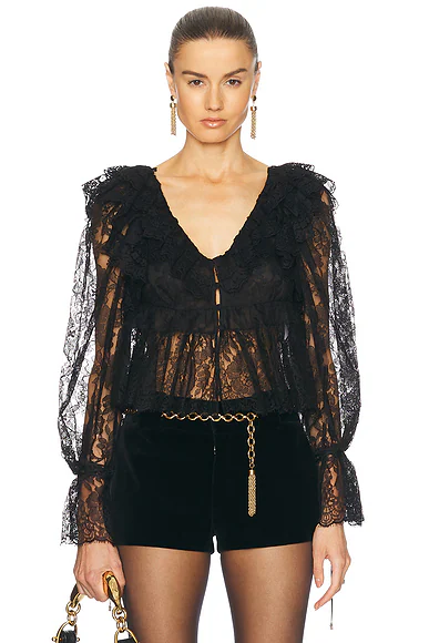 V Neck Ruffle Lace Blouse Black