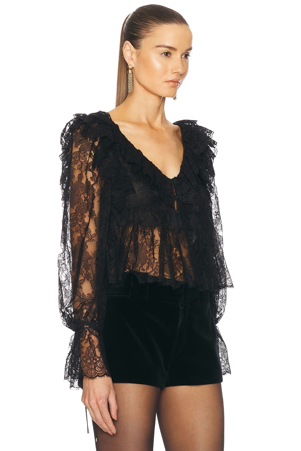 V Neck Ruffle Lace Blouse Black