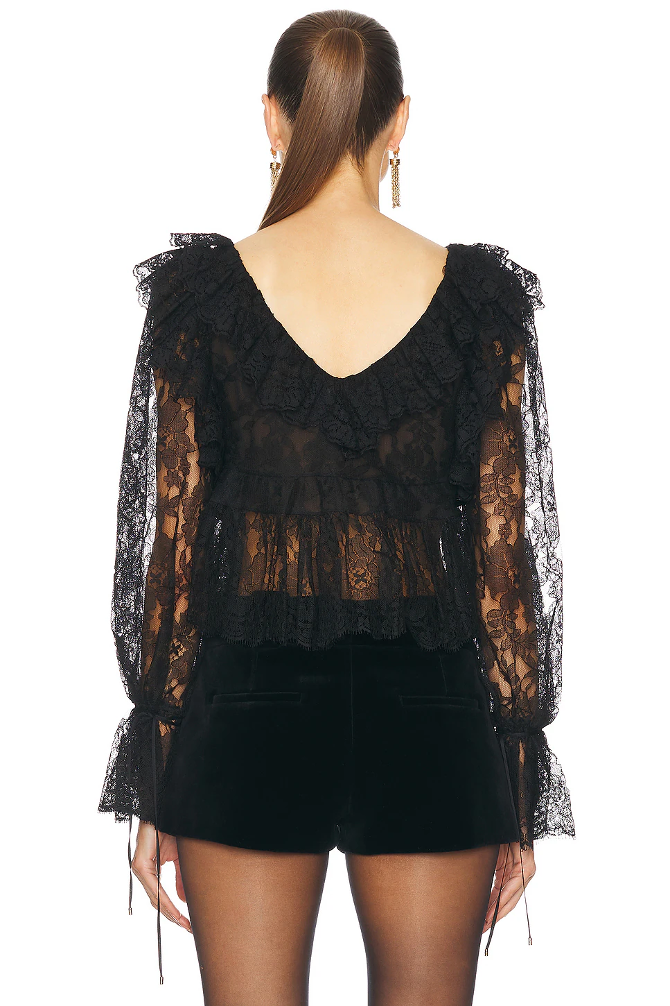 V Neck Ruffle Lace Blouse Black