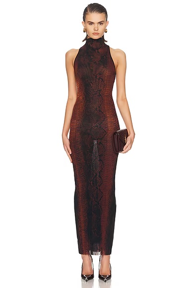 Mesh High Neck Printed Python Long Dress Brown & Black