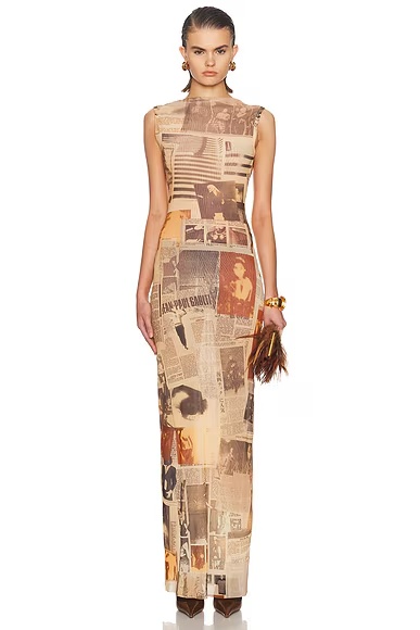 Mesh High Neck Printed Journal Long Dress Ecru, Light Grey, & Red
