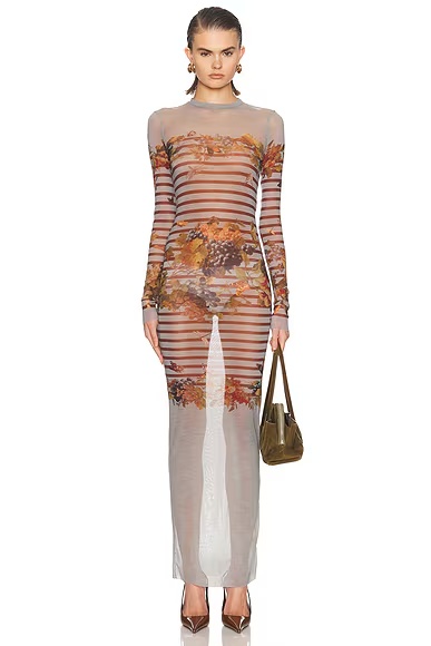 Mesh Printed Marinière Grape Long Dress Light Blue & Multicolor