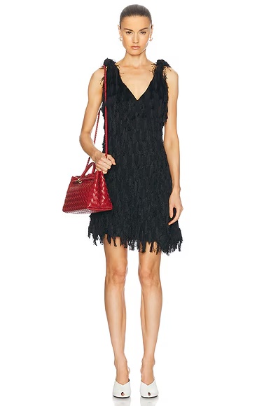 Fringe Crepe Mini Dress Black