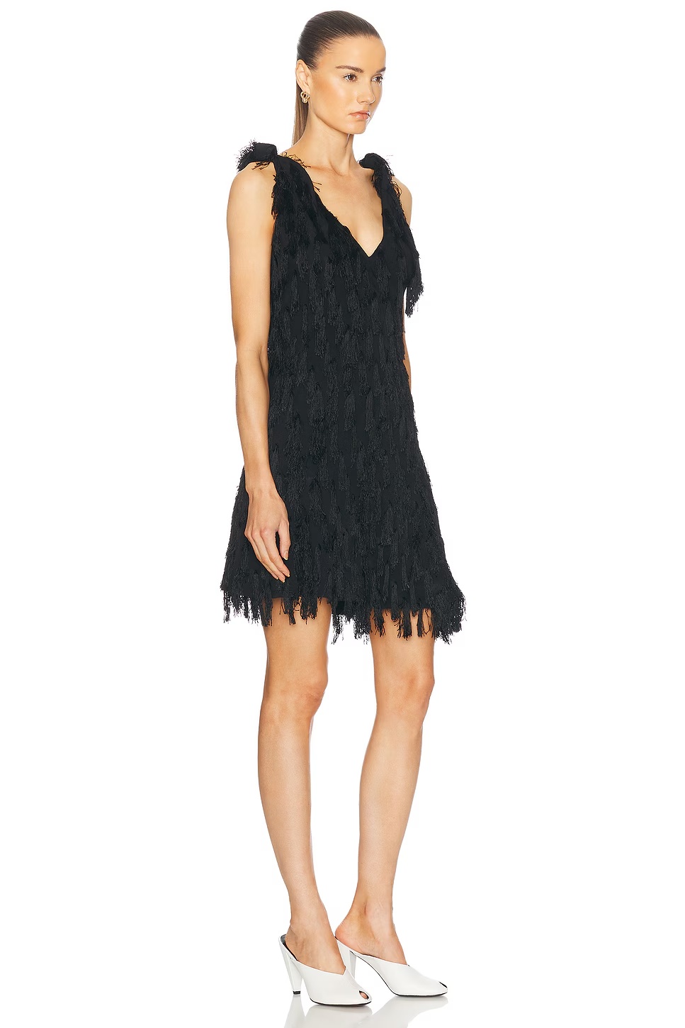 Fringe Crepe Mini Dress Black
