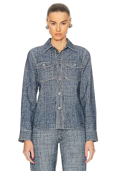 Enlarged Textured Denim Printed Shirt Indigo & White