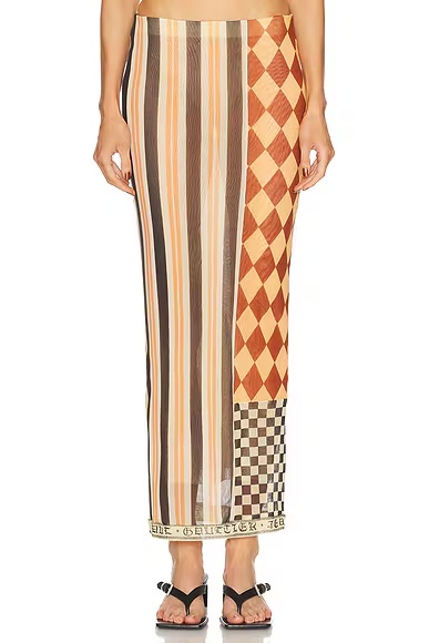 Mesh Patchwork Long Skirt Multicolor