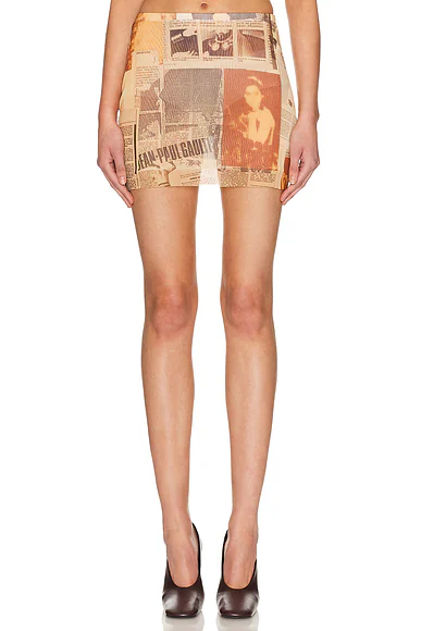 Mesh Printed Journal Mini Skirt Ecru, Light Grey, & Red