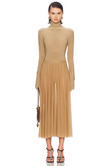 Long Sleeve Turtleneck Flared Midcalf Dress Camel