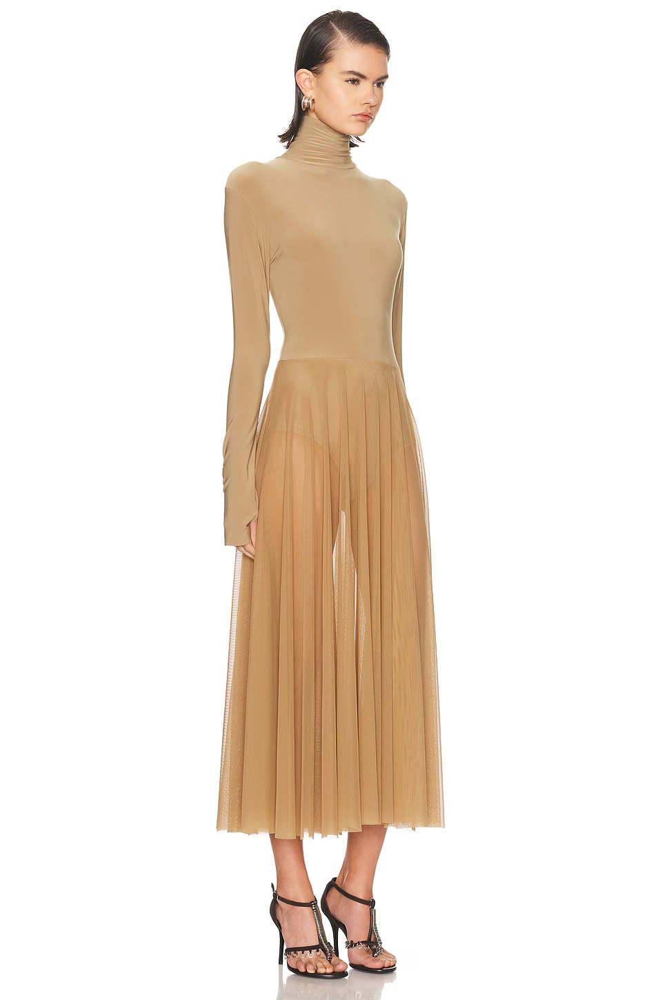 Long Sleeve Turtleneck Flared Midcalf Dress Camel