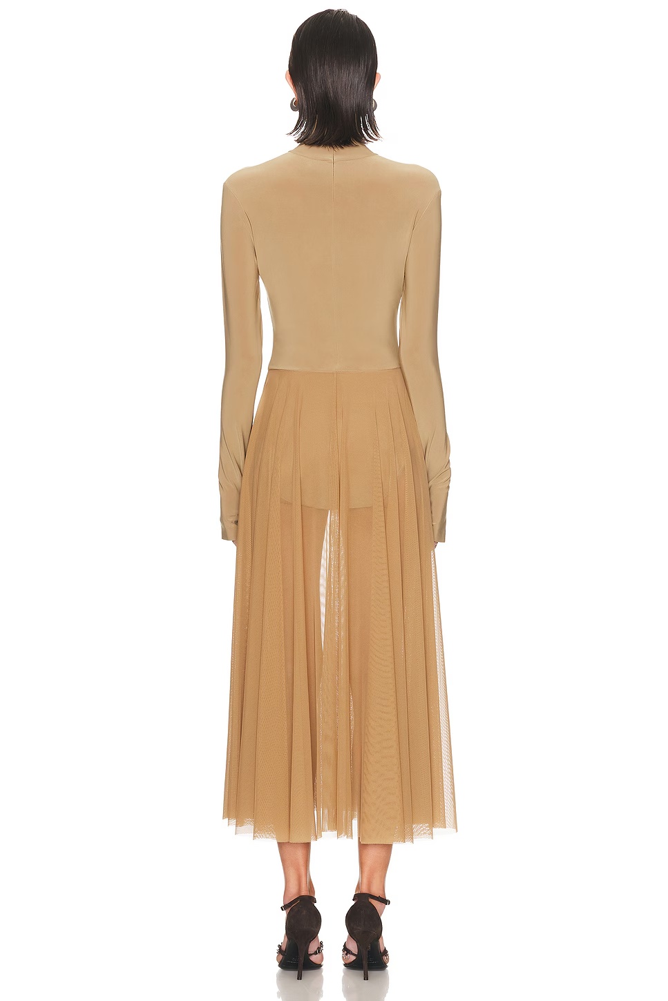 Long Sleeve Turtleneck Flared Midcalf Dress Camel