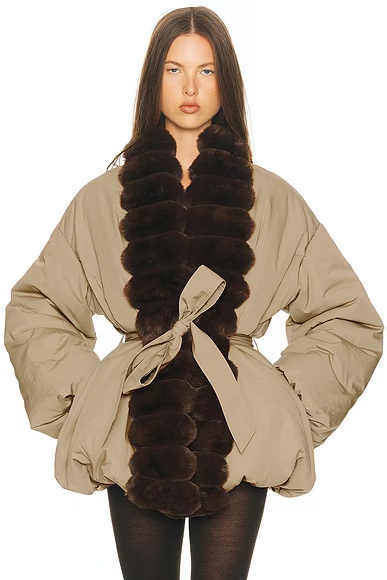 Bubble Puffer With Faux Fur Tan & Cedar