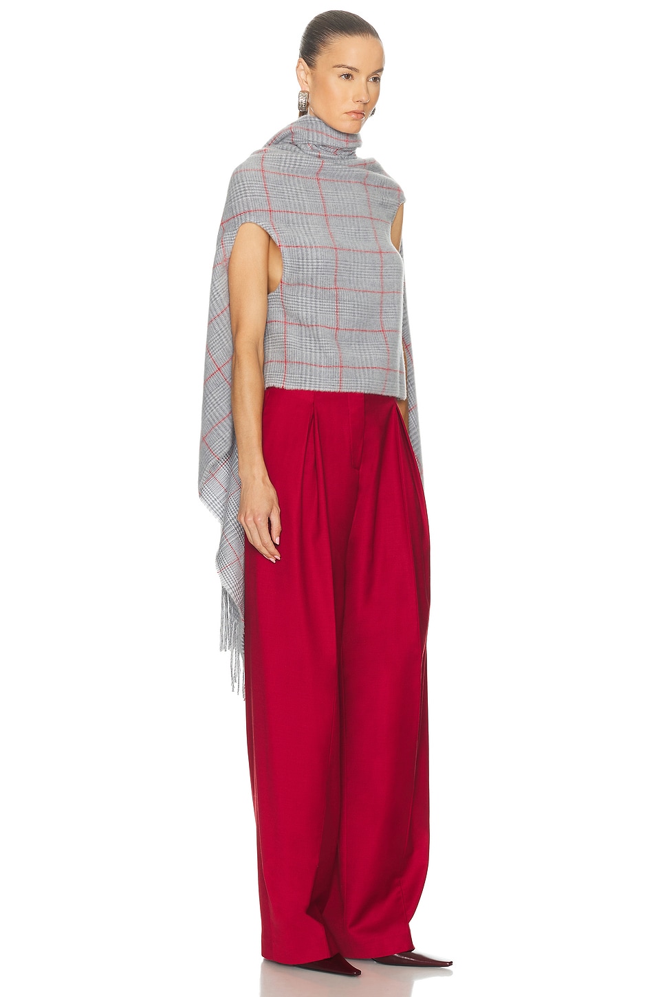 Back Closure Scarf Draped Top Light Grey, Grey, & Red