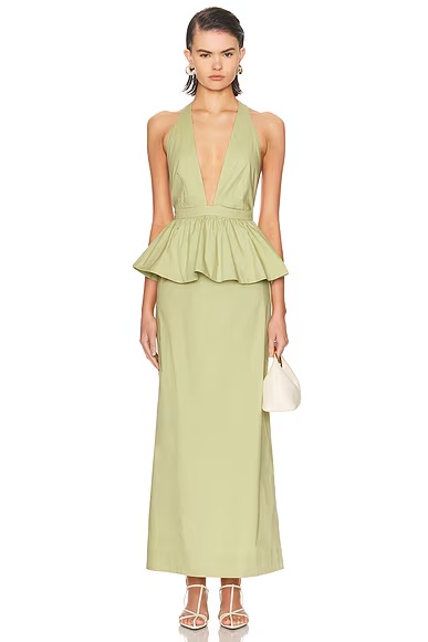 Solid Deep V Peplum Maxi Dress Green