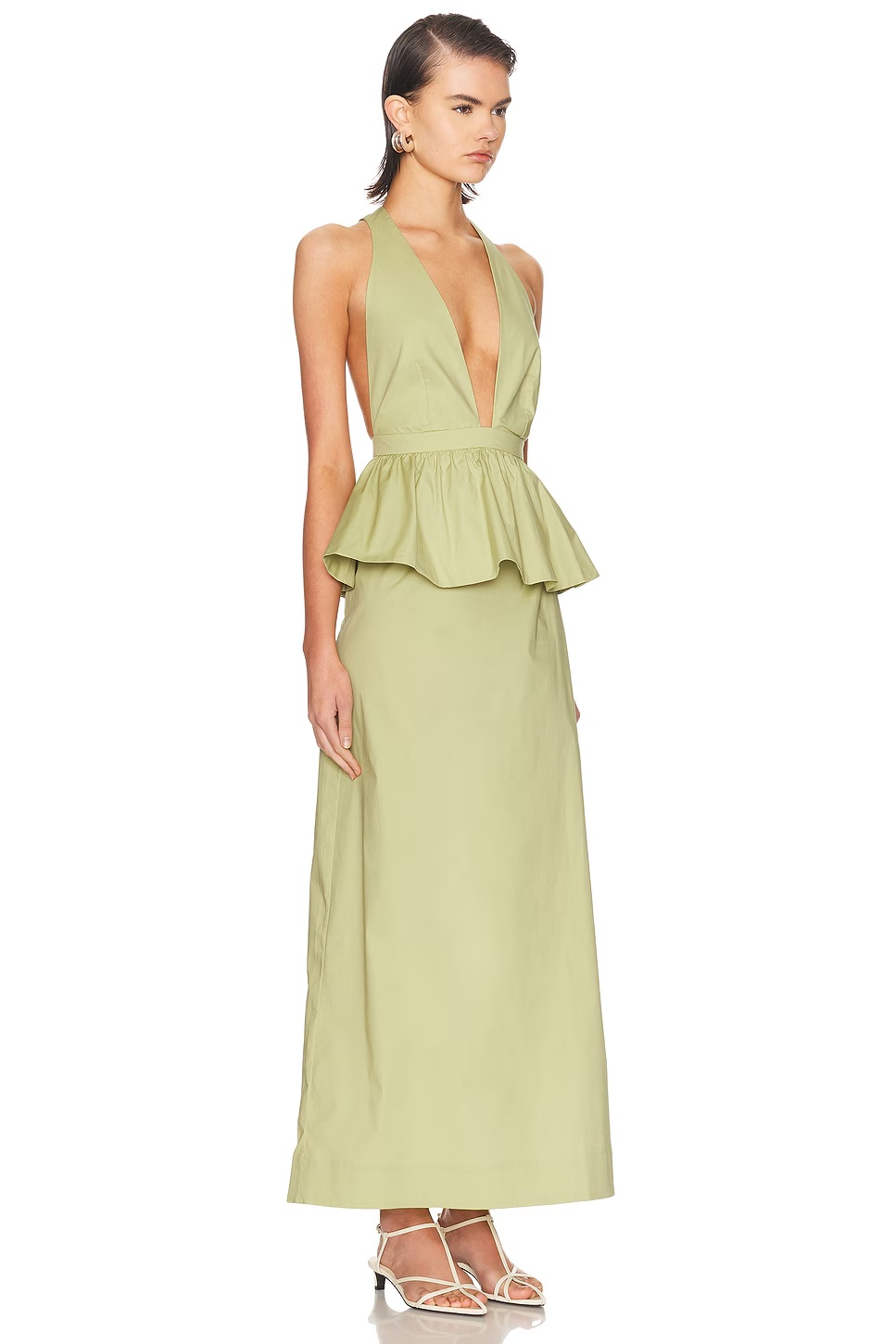 Solid Deep V Peplum Maxi Dress Green