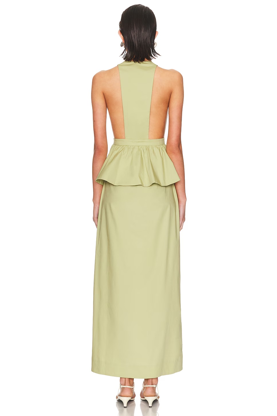 Solid Deep V Peplum Maxi Dress Green