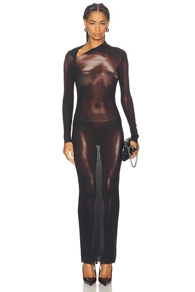 Asymmetric Collar Long Body Dust Print Dress Black & Brown