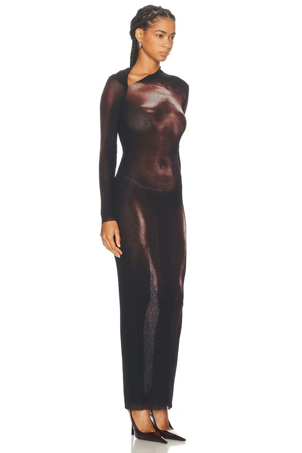 Asymmetric Collar Long Body Dust Print Dress Black & Brown