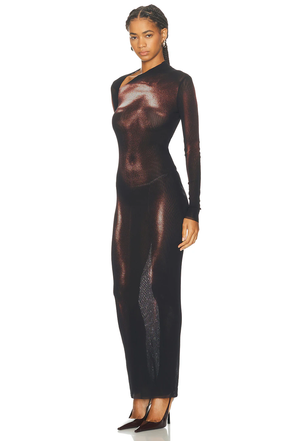 Asymmetric Collar Long Body Dust Print Dress Black & Brown