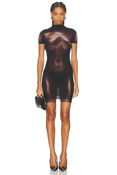 High Neck Body Dust Printed Short Dress Black & Brown