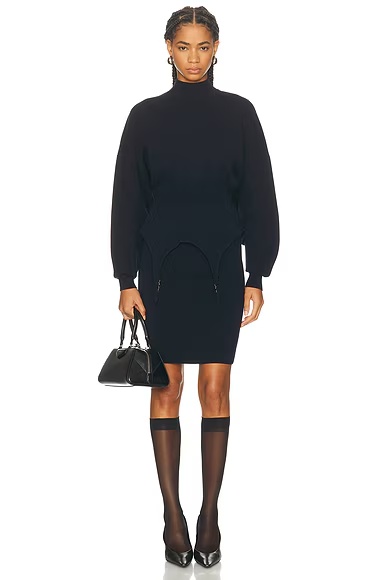 Ribbed High Neck Bat Sleeves Lingerie Garter Short Dress Navy