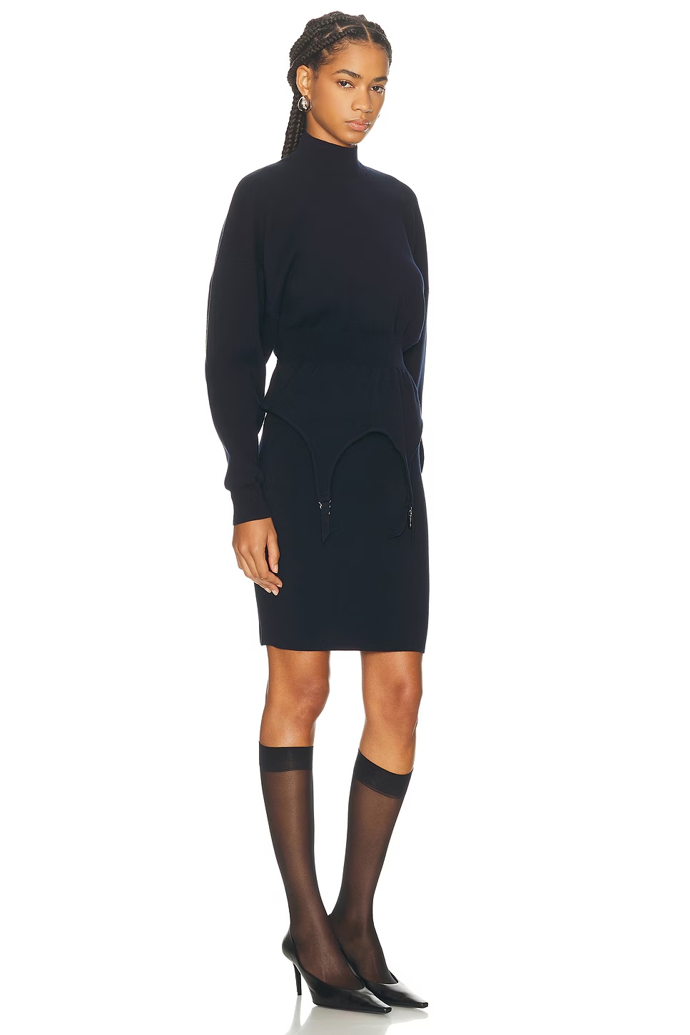 Ribbed High Neck Bat Sleeves Lingerie Garter Short Dress Navy
