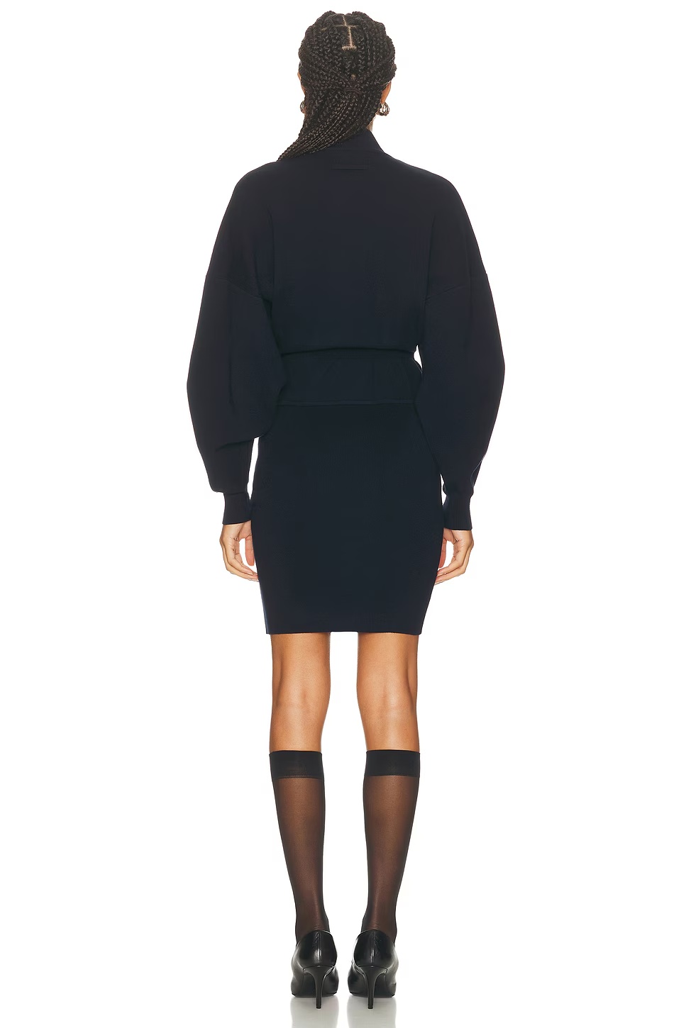 Ribbed High Neck Bat Sleeves Lingerie Garter Short Dress Navy