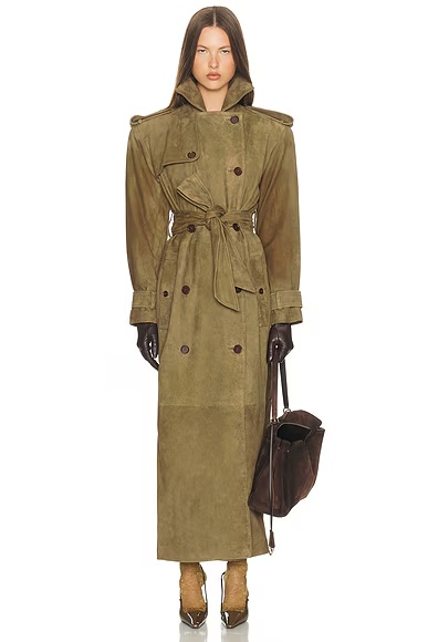 Suede Trench Coat Khaki Green