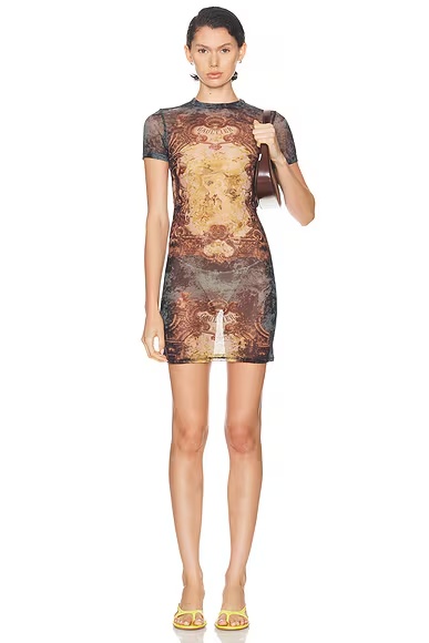 Medaillon Printed Short Dress Black, Vintage Blue, & Green
