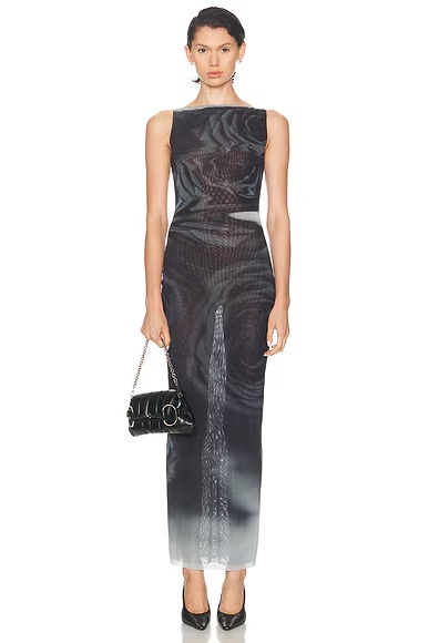 Boat Neck Blurry Roses Printed Sleeveless Dress White, Grey, & Black