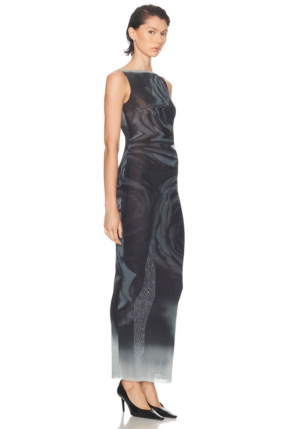 Boat Neck Blurry Roses Printed Sleeveless Dress White, Grey, & Black