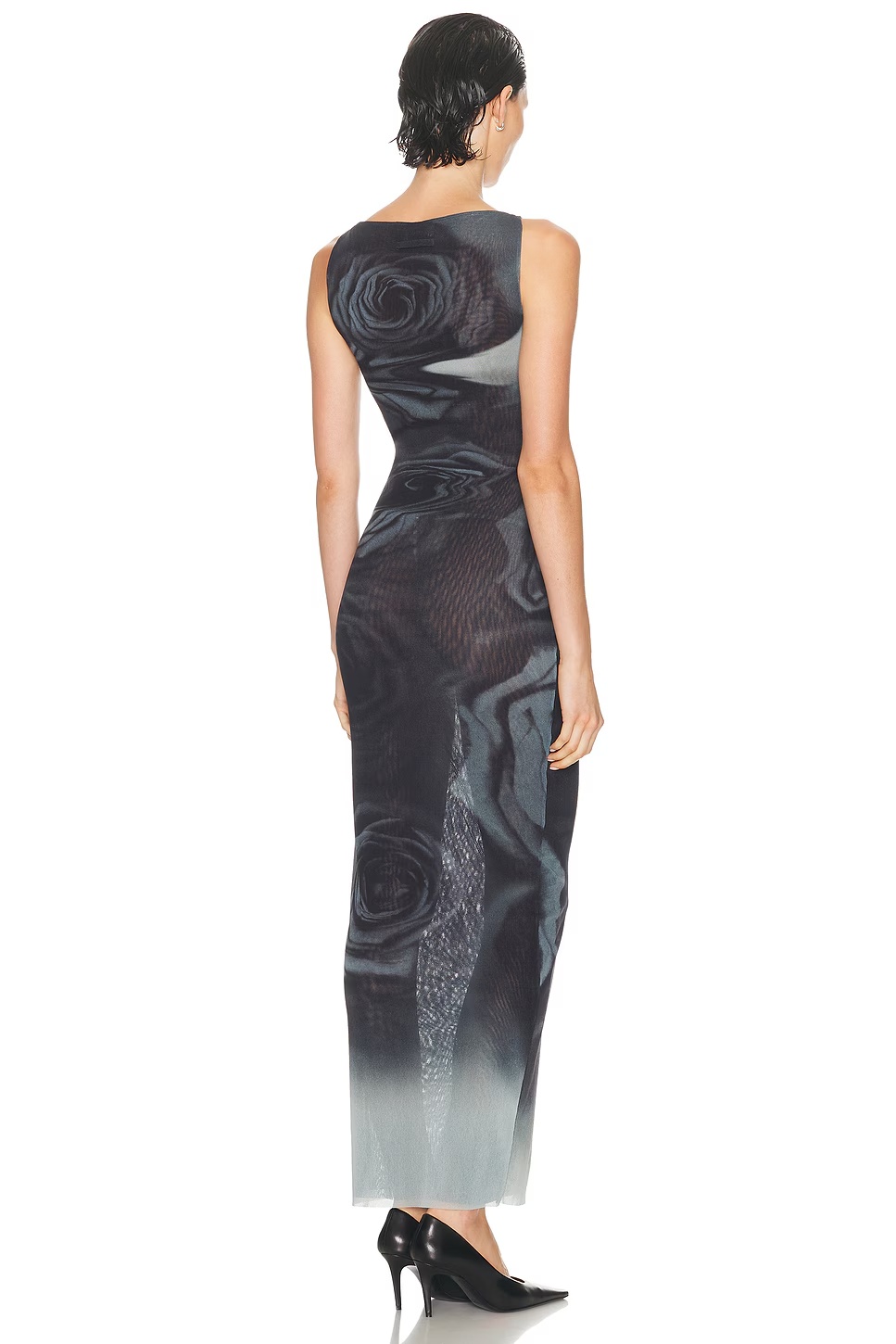 Boat Neck Blurry Roses Printed Sleeveless Dress White, Grey, & Black 4 Boat Neck Blurry Roses Printed Sleeveless Dress White, Grey, & Black