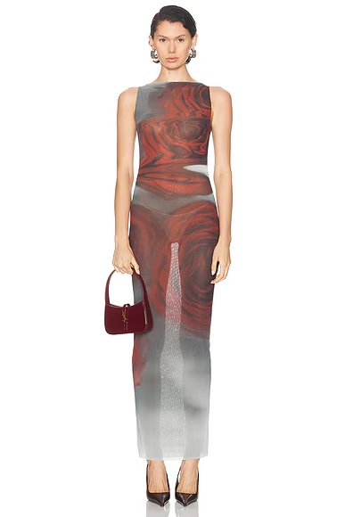 Boat Neck Blurry Roses Printed Sleeveless Dress White, Grey, & Red
