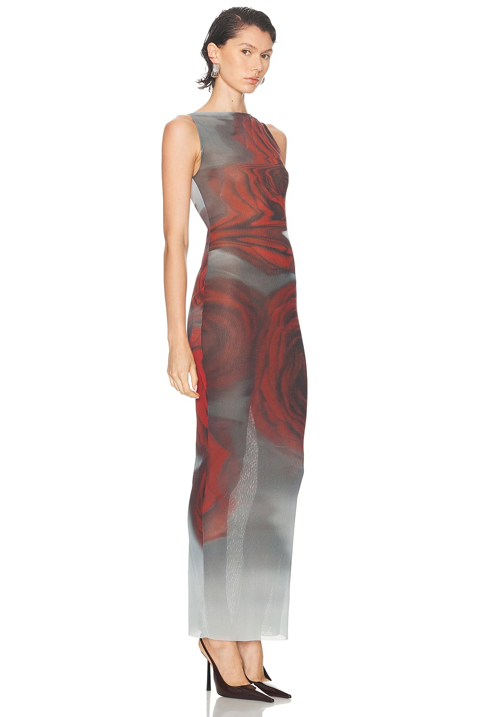 Boat Neck Blurry Roses Printed Sleeveless Dress White, Grey, & Red