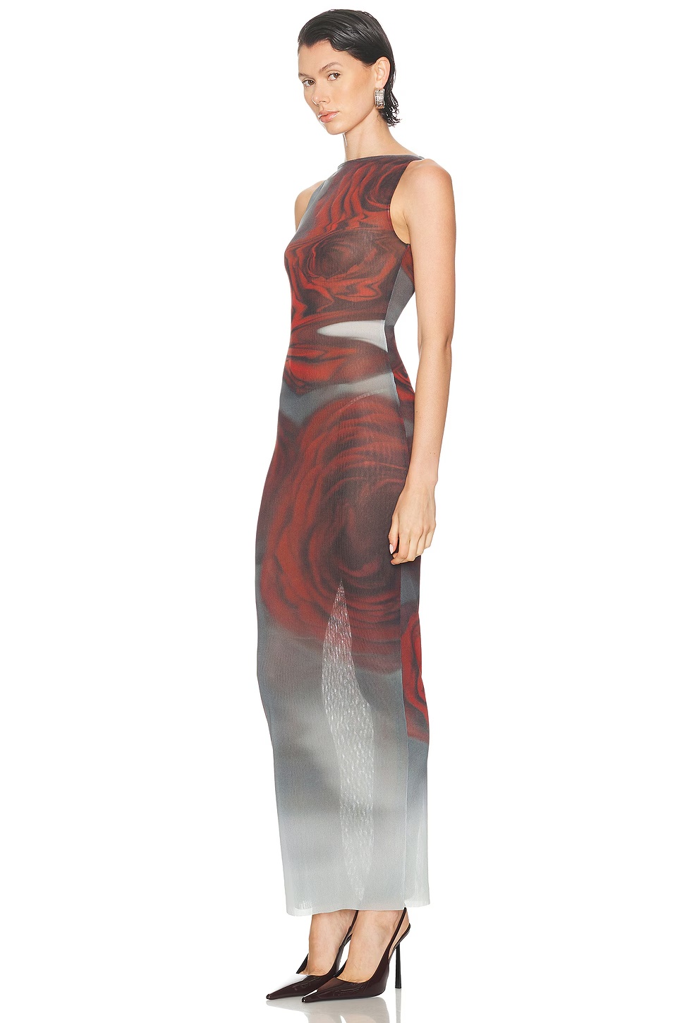 Boat Neck Blurry Roses Printed Sleeveless Dress White, Grey, & Red