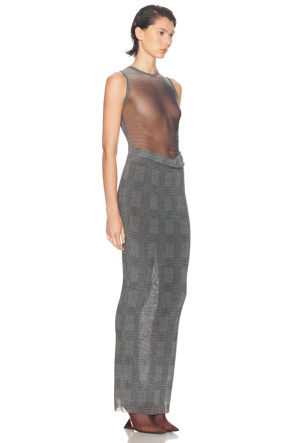Body Shadow And Prince Of Wales Long Dress Light Grey, Vanilla, & Red